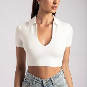 Short Sleeve Collar Tie Back Crop Top